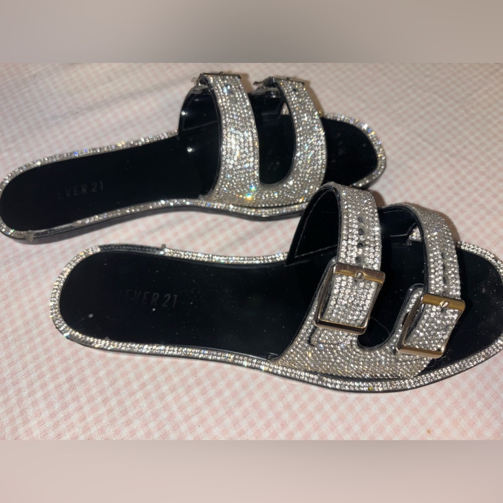 Forever 21 Silver Rhinestone Buckle Slide Sandals *worn off spots.